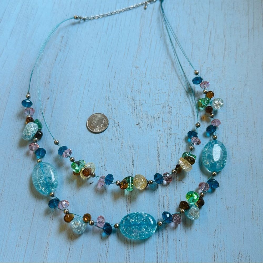 Art Glass Crackle Multi Color Silver Wire Beaded Necklace